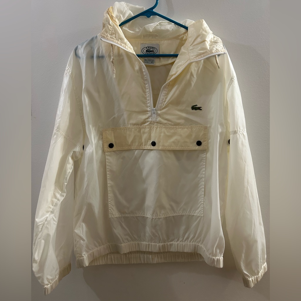 Vintage Izod Lacoste Pullover Jacket Mens Medium Hooded Nylon Windbreaker White